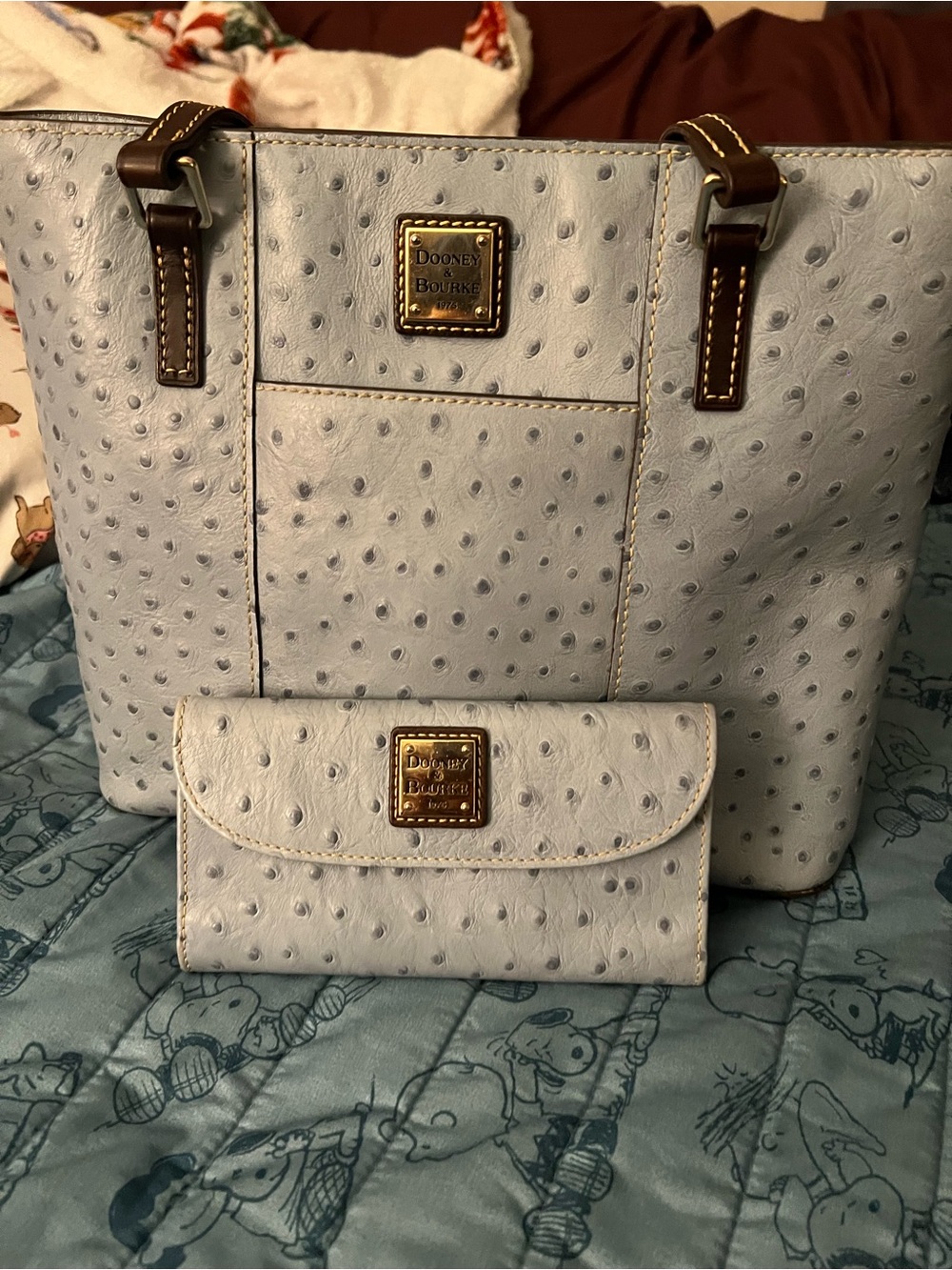 Dooney & Bourke Light Blue Ostrich-Embossed Tote with Matching Wallet